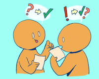 Two orange people face each other holding pieces of paper. The one on the left has a speech bubble that says "? -> Checkmark" and the other replies "! -> Checkmark??"
